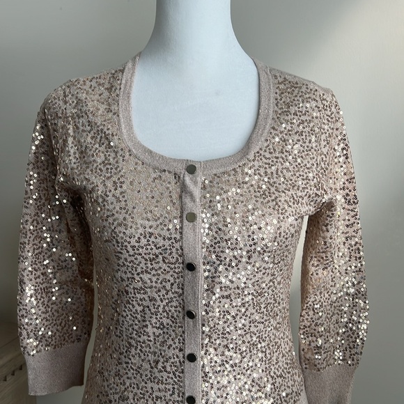 Women’s White House Black Market gold sequin cardigan size XXS holiday - Picture 2 of 7